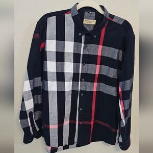 Burberry Blue and White and Red Plaid Button-Down Shirt